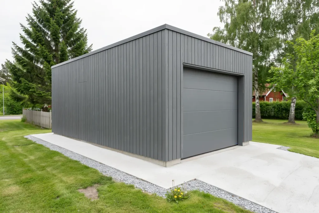 garagebygge med gjuten platta och panel i tureberg sollentuna